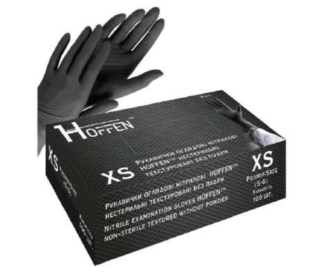 Рукавички нітрилові HOFFEN Чорні, розмір XS (100 шт/уп), 3.5 г 3494854 фото